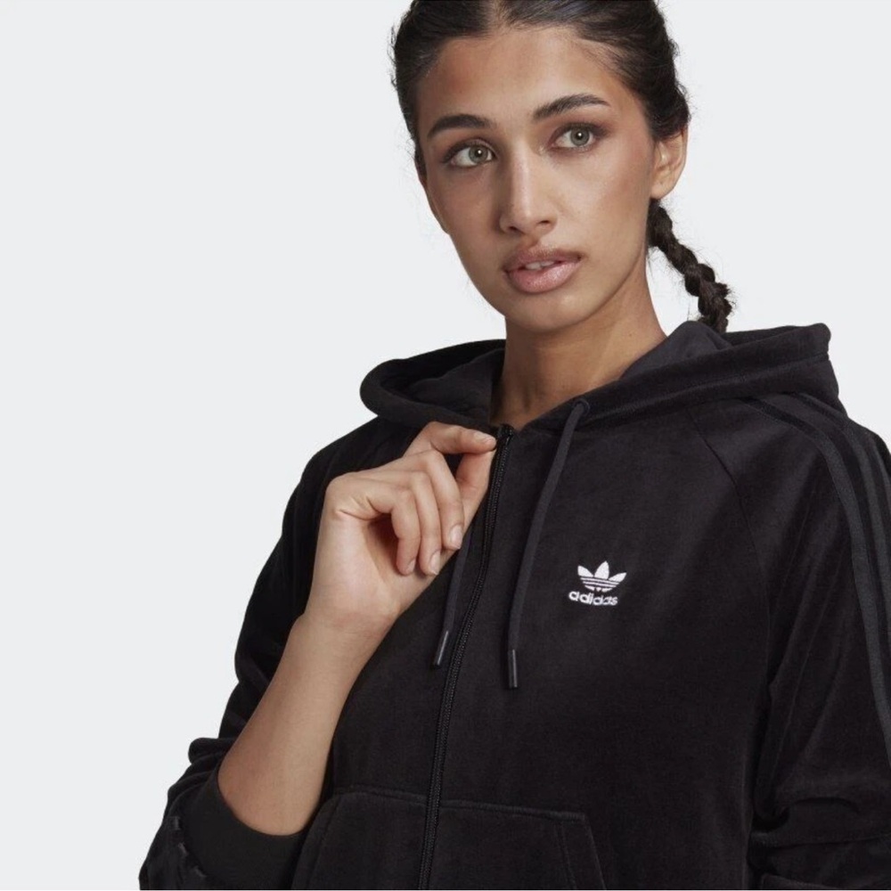 Adidas Womens size L Black 3-Stripes Velour Loungewear Cropped Full Zip Hoodie - Picture 4 of 7